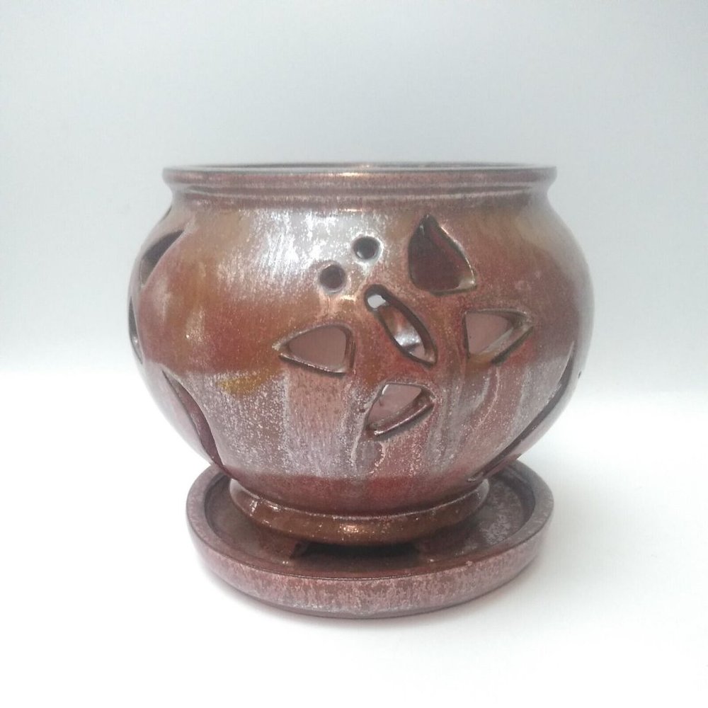 Orchid/Sacculate Flower Pot Cut Out Butterfly Planter Attached Saucer 5.5"T CUTE